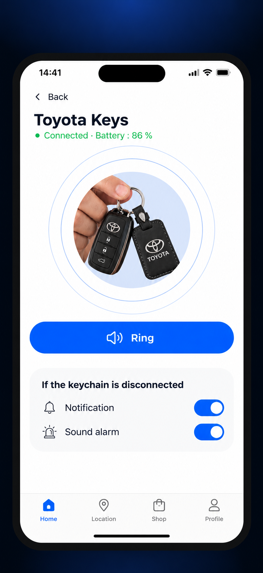 App screen: keychain connected, battery 86%, Ring button